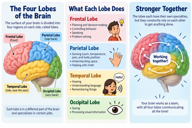 Lateral view of the brain showing the frontal, parietal, temporal, and occipital lobes