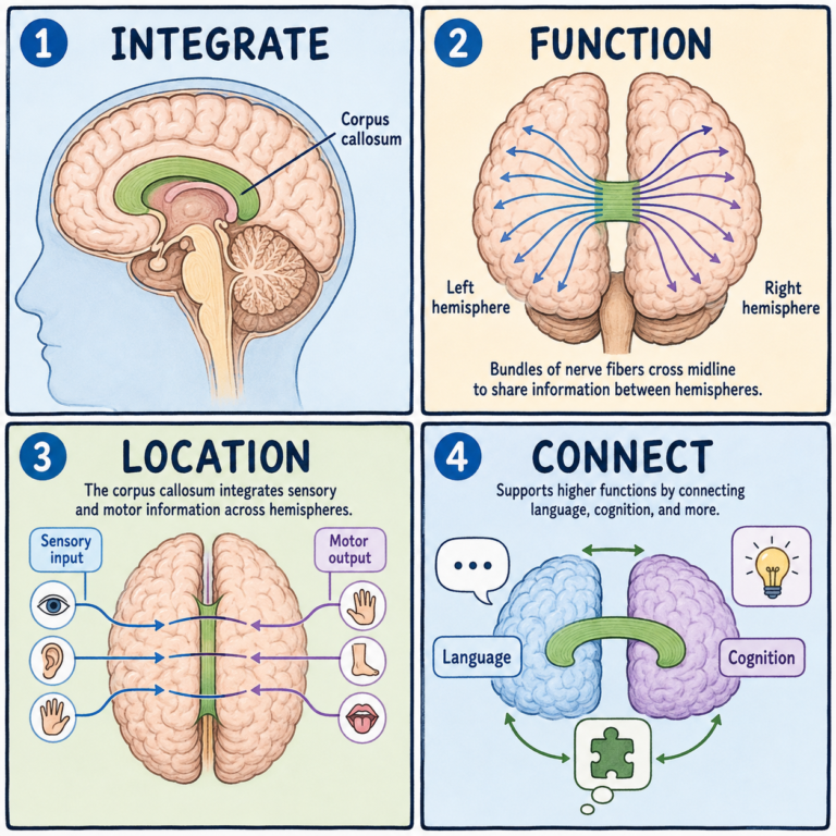 Four-panel educational diagram of Corpus Callosum Connects the Brain's Two Hemispheres: location, anatomy, pathways, and major functions