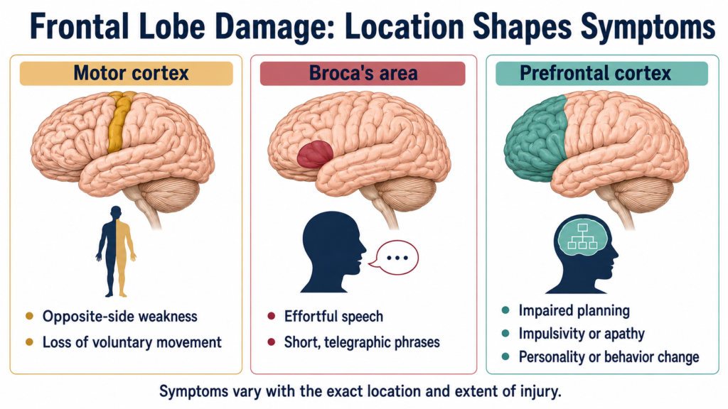Typical symptoms associated with damage to the motor cortex, Broca's area, and prefrontal cortex