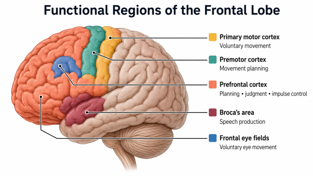 Functional regions of the frontal lobe including motor, premotor, prefrontal, Broca's area, and frontal eye fields