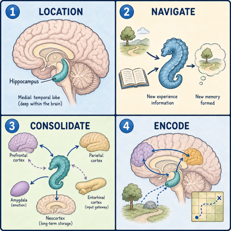 Four-panel educational diagram of Hippocampus: location, anatomy, pathways, and major functions