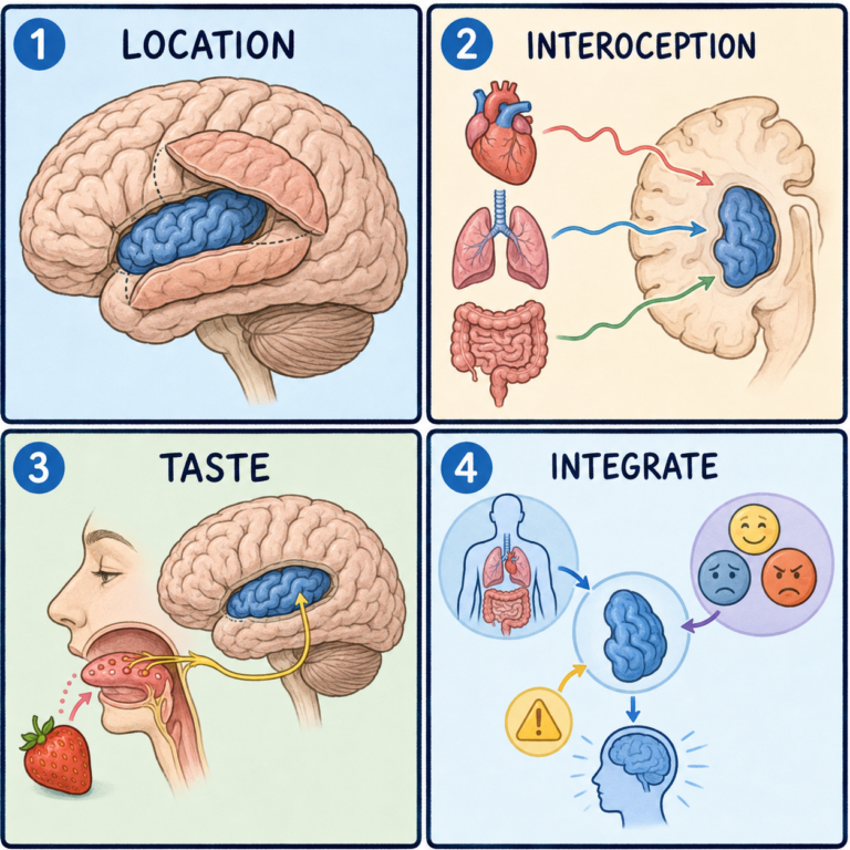Four-panel educational diagram of Insular Cortex: location, anatomy, pathways, and major functions