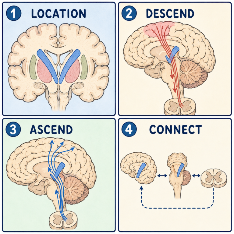 Four-panel educational diagram of Internal Capsule: location, anatomy, pathways, and major functions
