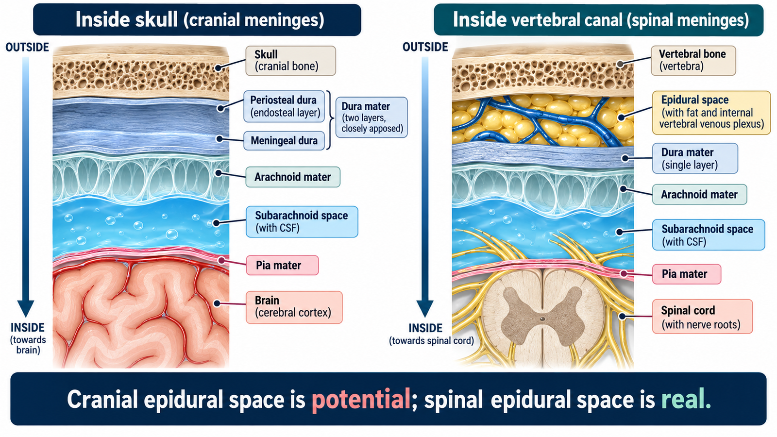 Comparison of the cranial and spinal meninges: the cranial dura has two layers and a potential epidural space, while the spinal dura has one layer and a real epidural space.