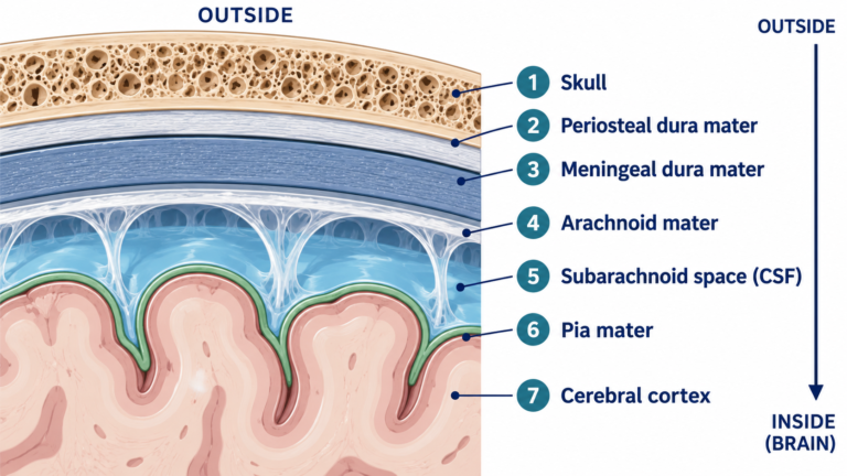 Cross-section showing the three layers of the meninges: dura, arachnoid, and pia mater.