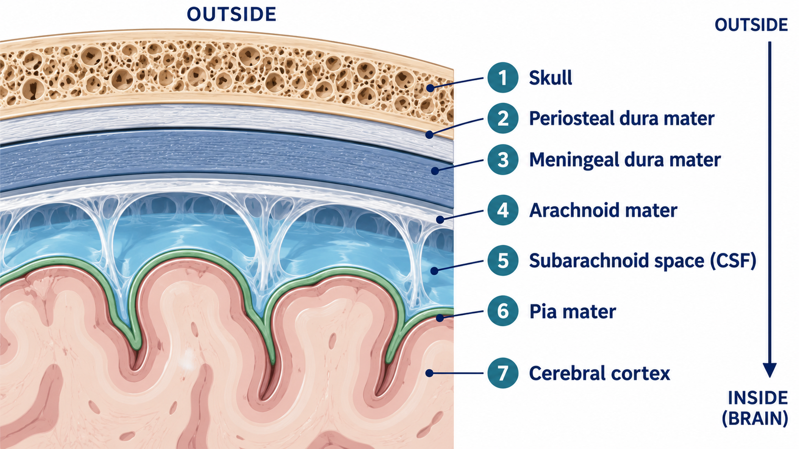 Cross-section showing the three layers of the meninges: dura, arachnoid, and pia mater.