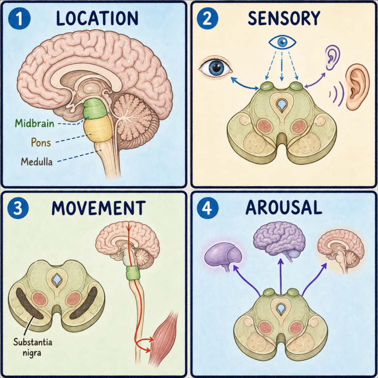 Four-panel educational diagram of Midbrain: location, anatomy, pathways, and major functions