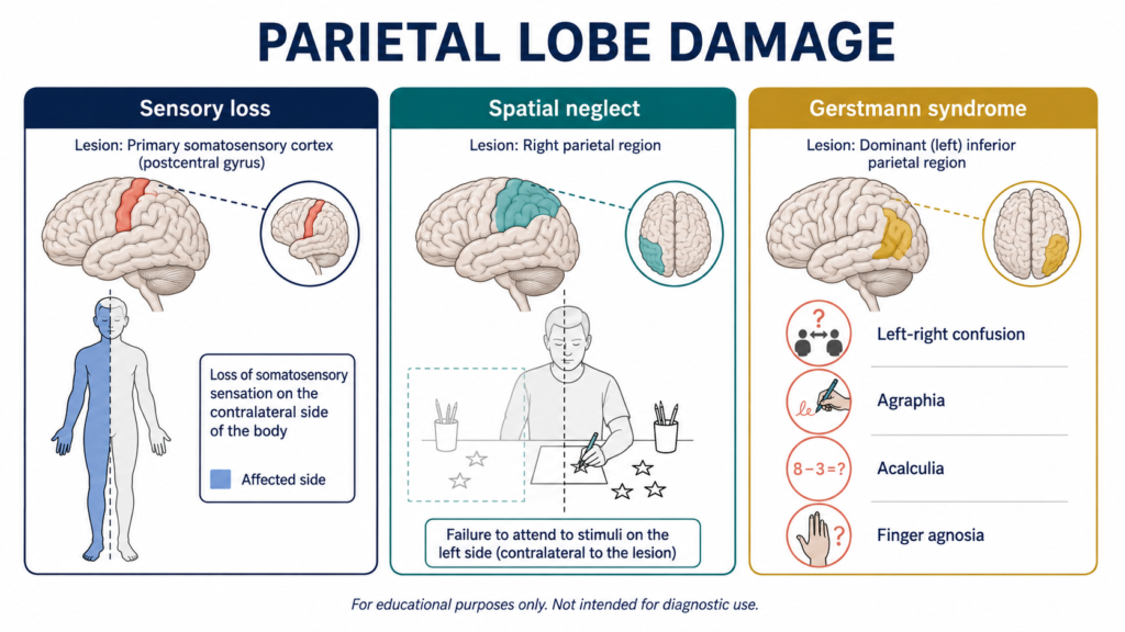 Common clinical effects of parietal lobe damage including sensory loss, spatial neglect, and Gerstmann syndrome