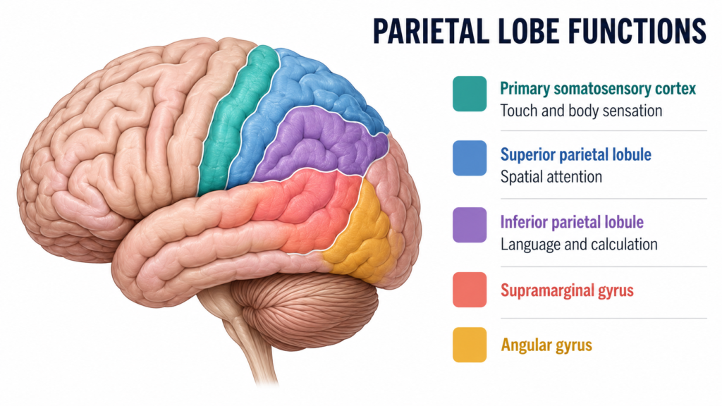 Functional regions of the parietal lobe including the somatosensory cortex and parietal lobules