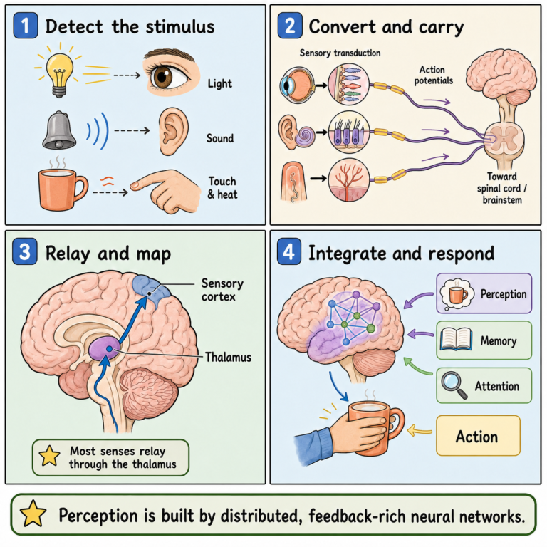 Four-panel educational diagram showing sensory stimulus detection, sensory transduction and nerve signaling, thalamic relay to sensory cortex, and the integration of perception, memory, attention, and action.