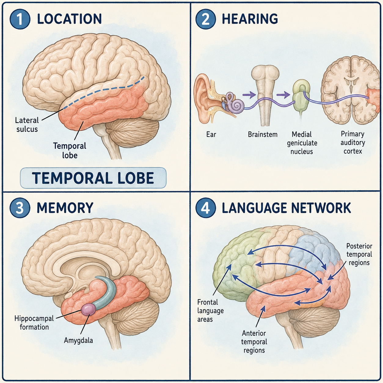 Four-panel temporal lobe anatomy infographic showing location, the auditory pathway, medial temporal memory structures, and the language network.