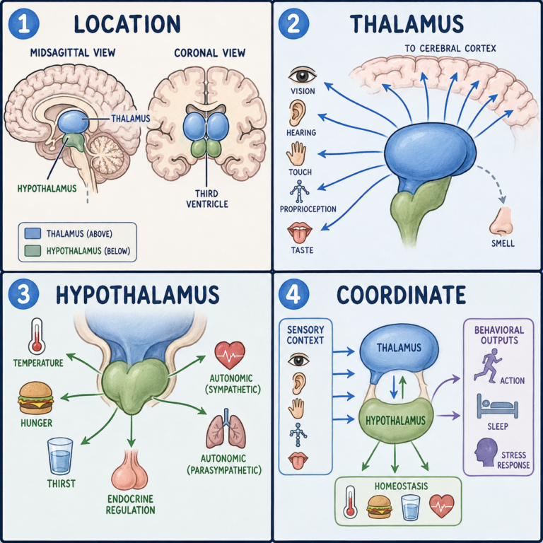 Four-panel educational diagram of Thalamus and Hypothalamus: location, anatomy, pathways, and major functions